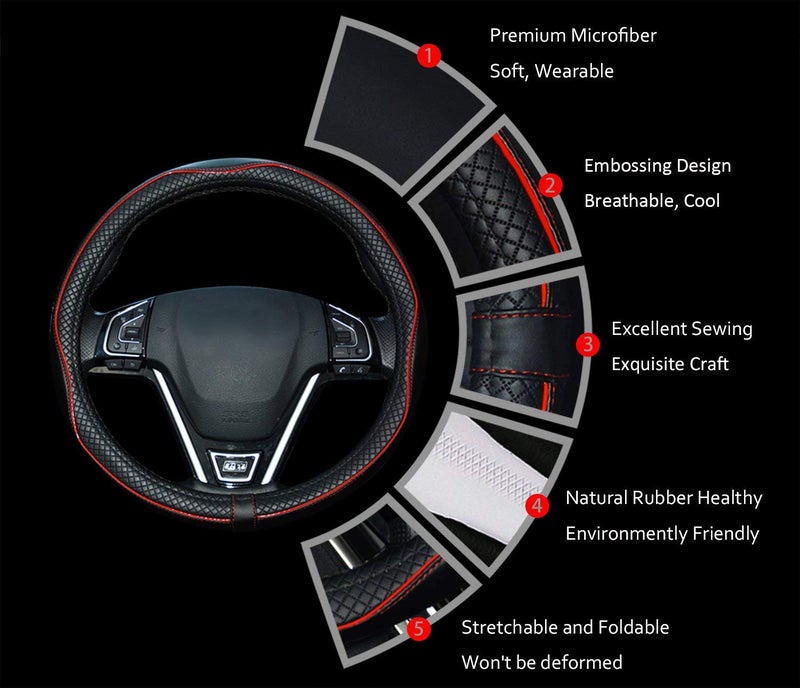 Rueesh Microfiber Leather Car Steering Wheel Cover  Soft Padding  Durable  No Smell  Universal 15 Inch Steering Cover  Anti-Slip Embossing Pattern A  Black with Red Line - Image 5